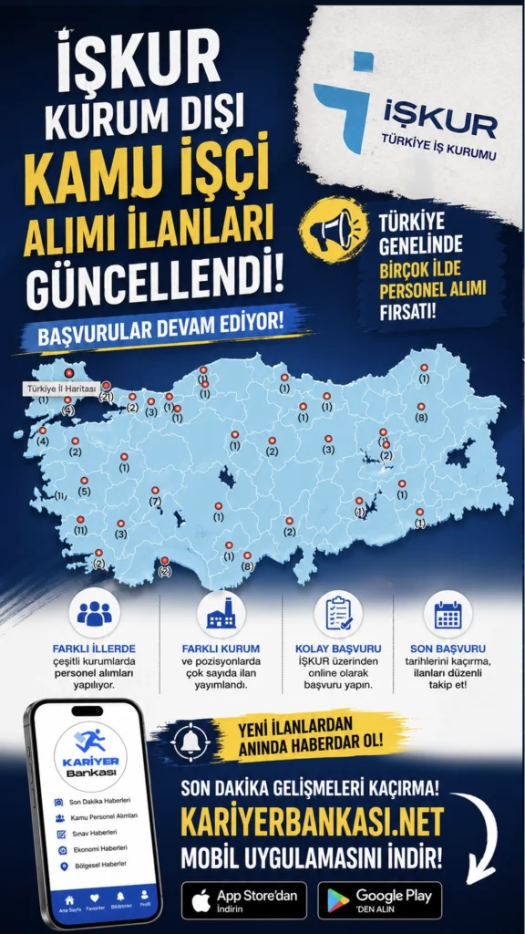 İŞKUR kurum dışı kamu işçi alımı ilanları güncellendi! Türkiye genelinde birçok ilde personel alımı başvuruları devam ediyor.