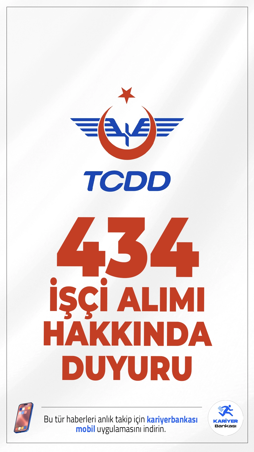 TCDD 434 İşçi Alımı İçin Evrak Teslim Duyurusu Yayımlandı.Türkiye Cumhuriyeti Devlet Demiryolları tarafından işyerlerine alınacak 434 işçi için yapılan sözlü sınav sonucunda asil kazanan adaylara yönelik evrak teslim duyurusu yayımlandı.