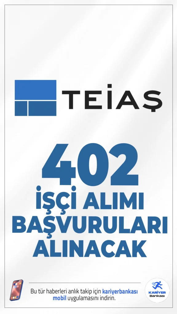 TEİAŞ 402 İşçi Alımı Başvuruları Alınacak.Türkiye Elektrik İletim A.Ş. (TEİAŞ) işçi alımı başvuruları alınacak. Resmi Gazete'de yayımlanan duyuruda, TEİAŞ'a birçok ünvanda işçi alımı yapılacağı aktarıldı. Başvuru işlemleri İŞKUR üzerinden alınacak. Başvuru yapacak adayların belirtilen şartları sağlaması gerekmektedir.Başvuru şartları ve diğer detaylar bu haberimizde.
