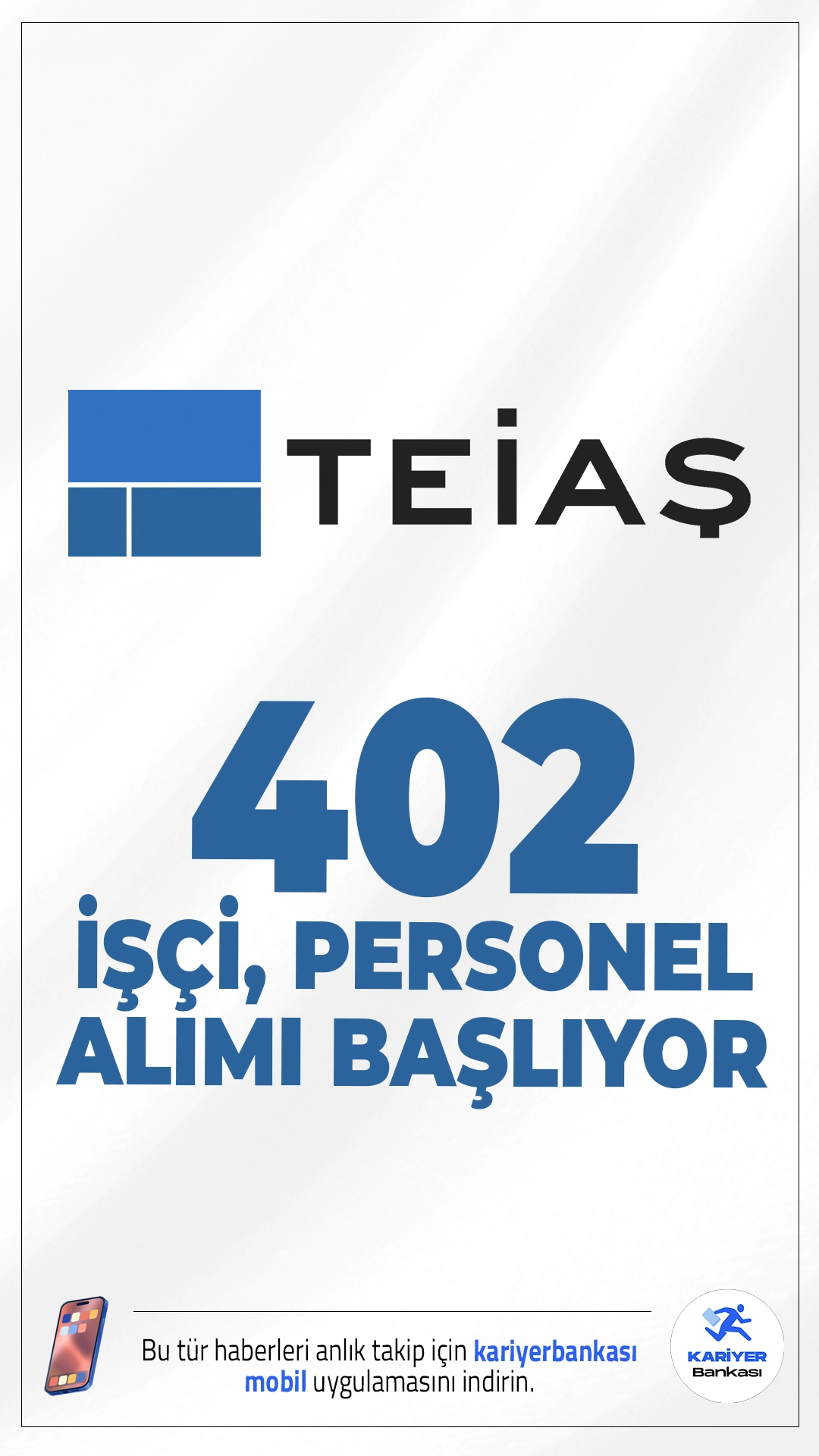 TEİAŞ 402 İşçi Personel Alımı Başvuruları Başlıyor.Türkiye Elektrik İletim A.Ş. (TEİAŞ) Elektrik Teknikeri, Elektronik Teknikeri, İnşaat Teknikeri, Harita Teknikeri, Makine Teknikeri, Sıhhi Tesisat Teknikeri, Kimya Teknikeri, Kaynak Teknikeri ve Teknik Ressam, aşçı, resepsiyon görevlisi, garson ünvanlarında personel alımı başvuruları 13 Nisan 2026 tarihinde başlıyor. İlgili alım duyurusuna göre kurum bünyesinde toplam 402 personel alımı gerçekleştirilecek. Alımlar önlisans mezunları arasından yapılacak olup, Türkiye genelinde birçok ilde istihdam sağlanacak.Başvuru şartları ve diğer detaylar bu haberimizde.