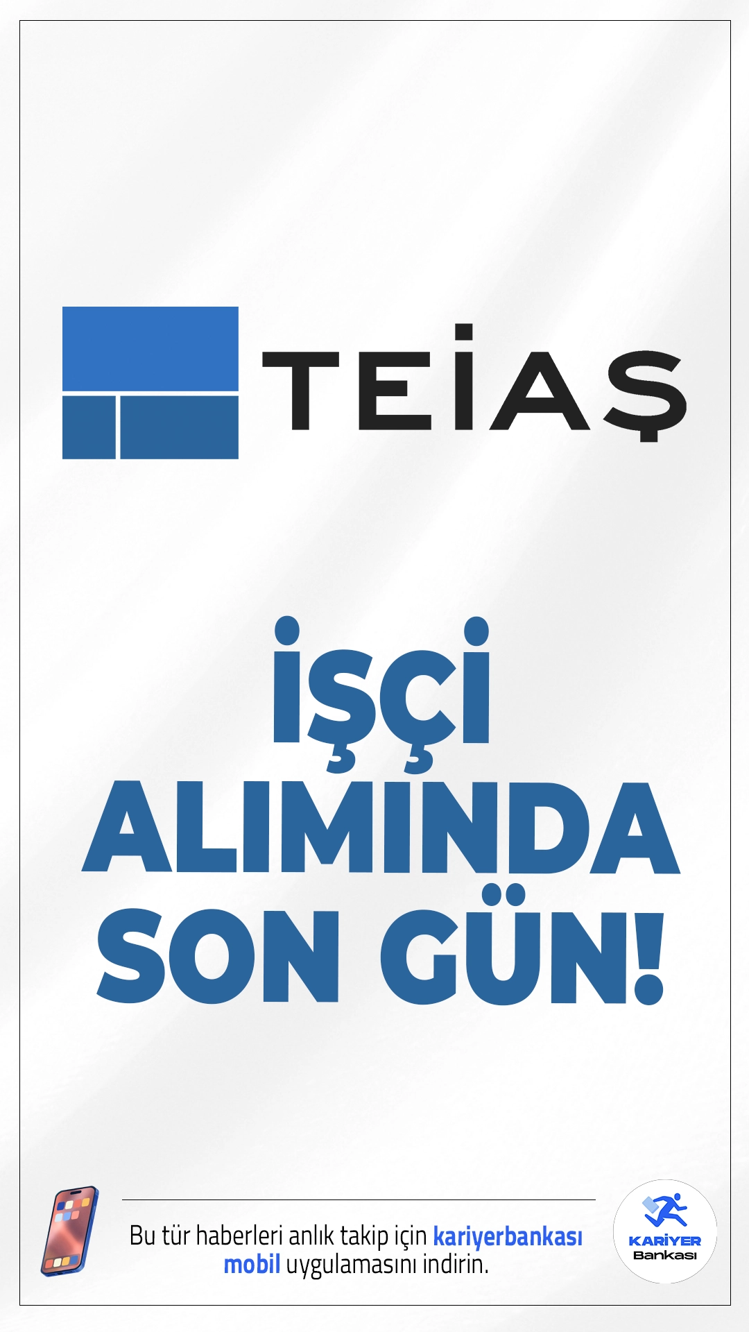 TEİAŞ 402 İşçi Alımında Son Gün!Türkiye Elektrik İletim A.Ş. (TEİAŞ) işçi alımı başvurularında son güne girildi. Resmi Gazete'de yayımlanan duyuruda, TEİAŞ'a 402 işçi alımı yapılacağı aktarılırken, başvuruların bugün (17 Nisan 2026) sona ereceği kaydedildi. Başvuru yapacak adayların belirtilen şartları sağlaması gerekmektedir.Başvuru şartları ve diğer detaylar bu haberimizde.