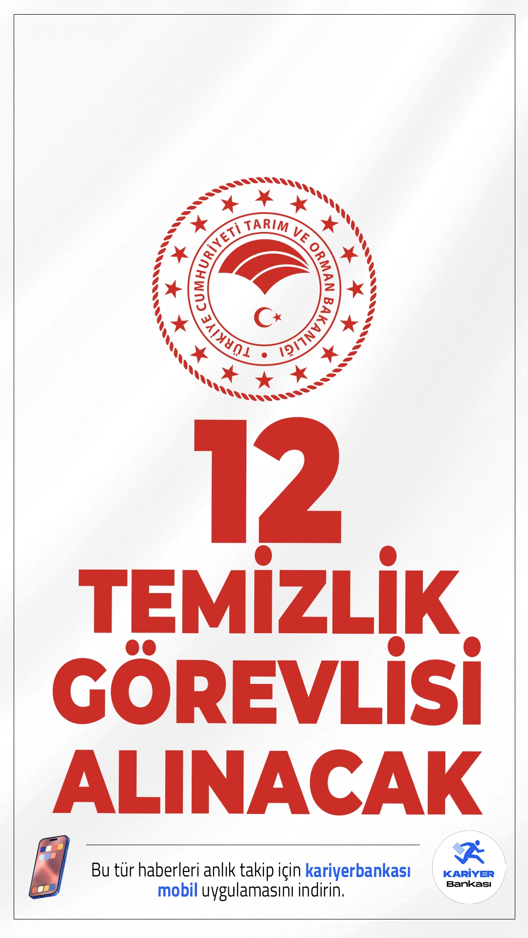 Tarım Bakanlığı 12 Temizlik Görevlisi Alımı Yapacak.Tarım ve Orman Bakanlığı bünyesinde faaliyet gösteren Uluslararası Tarımsal Araştırma ve Eğitim Merkezi Müdürlüğü, toplam 12 temizlik görevlisi alımı yapacağını duyurdu. İlan kapsamında başvurular başlamış olup adaylar işlemlerini İŞKUR üzerinden gerçekleştirebilecek.