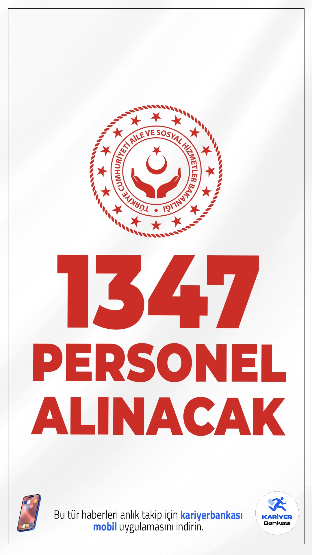 Aile Bakanlığı 1347 Personel Alımı Yapacak.Aile ve Sosyal Hizmetler Bakanlığı tarafından 1347 kişilik KPSS şartsız personel alımı yapılacağı duyuruldu. Başvuruların Türkiye İş Kurumu (İŞKUR) üzerinden alınmaya başlandığı açıklanırken, adayların kura yöntemiyle belirleneceği bildirildi.