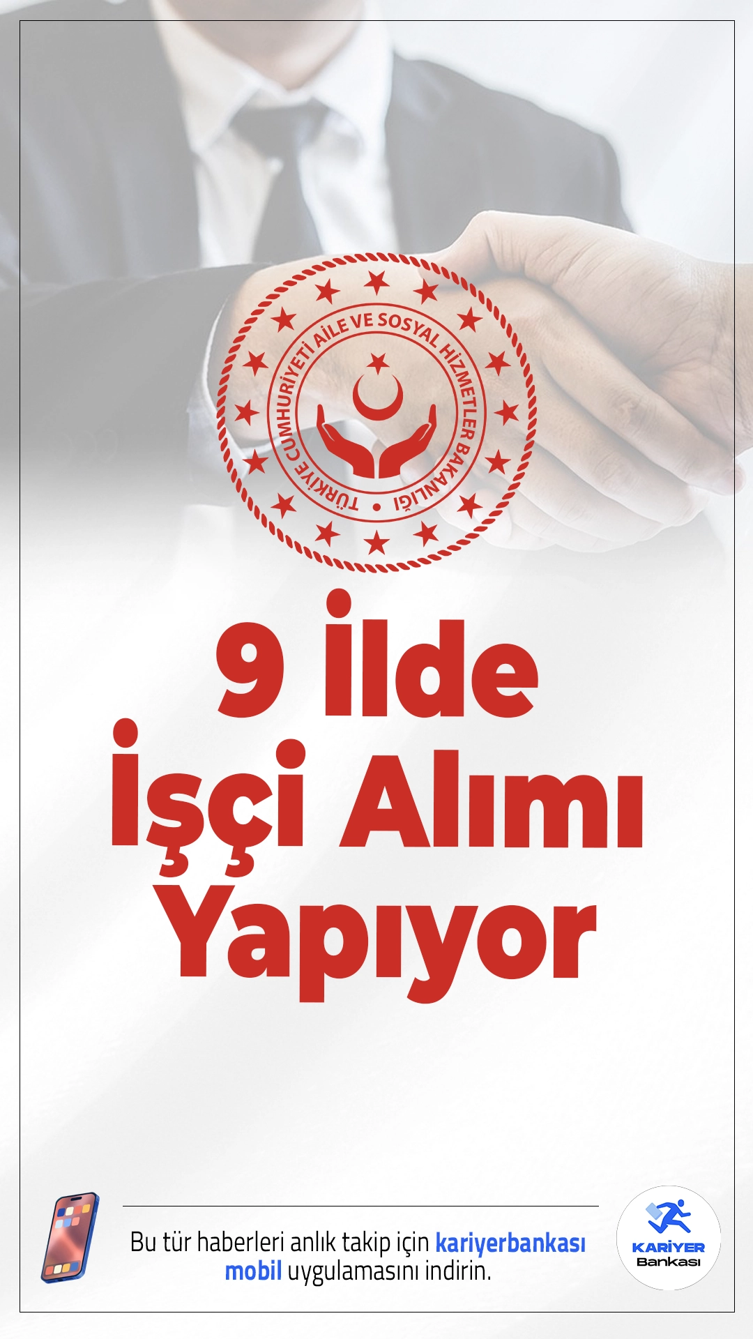Aile Bakanlığı 9 İlde İşçi Alımı Yapıyor.Aile ve Sosyal Hizmetler Bakanlığı’na bağlı il müdürlükleri tarafından İŞKUR İşgücü Uyum Programı (İUP) kapsamında yeni alım ilanları yayımlandı. Toplam 9 ilde yapılacak alımda KPSS şartı ve mülakat bulunmuyor. Aday seçimleri il bazında kura veya liste yöntemiyle yapılacak.