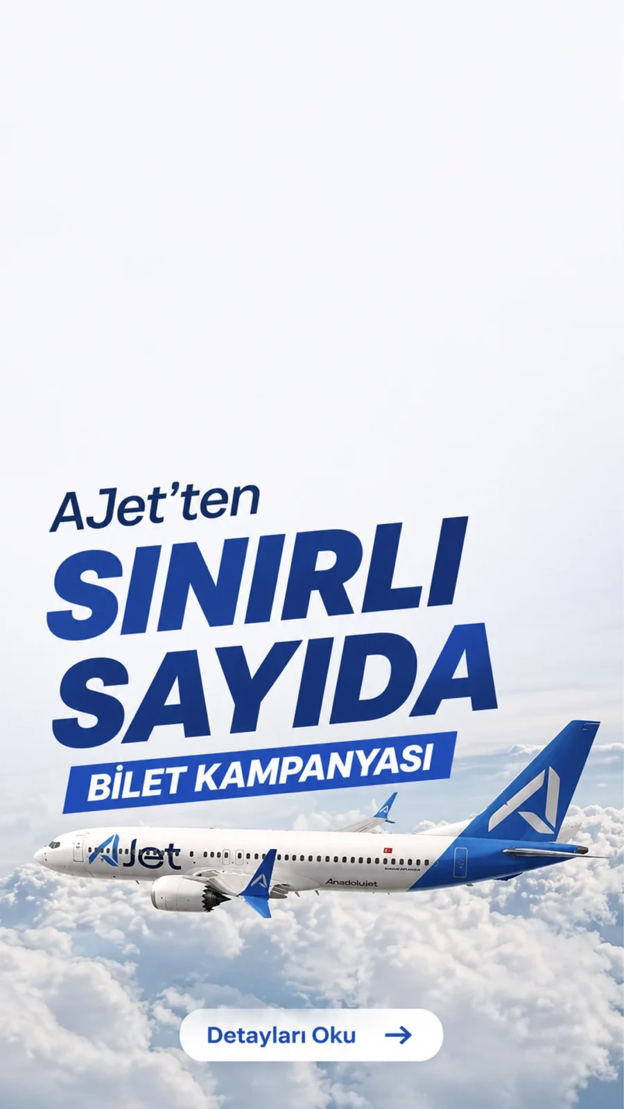 AJet’ten Sınırlı Sayıda Bilet Kampanyası.AJet, yurt dışı uçuşları için sınırlı koltuklu kampanya başlattı. Bilet fiyatları 2.704 TL’den satışa çıktı.