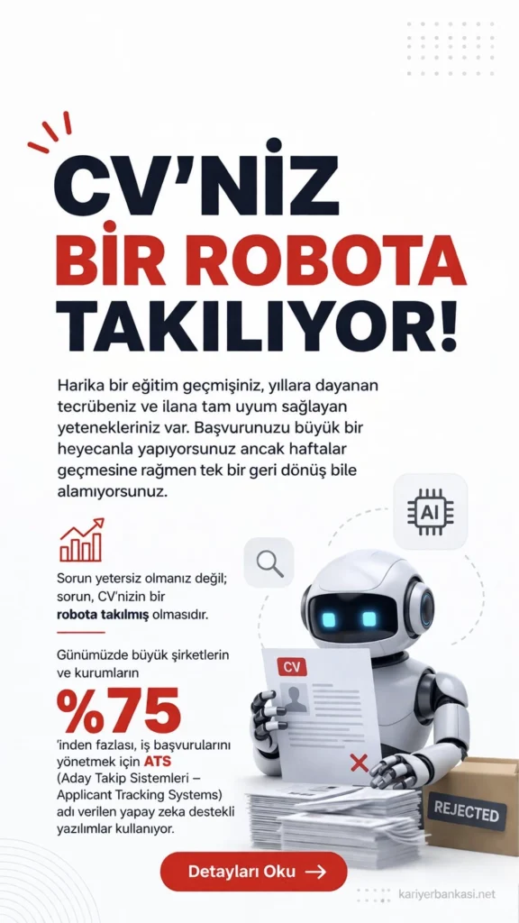 Harika bir eğitim geçmişiniz, yıllara dayanan tecrübeniz ve ilana tam uyum sağlayan yetenekleriniz var. Başvurunuzu büyük bir heyecanla yapıyorsunuz ancak haftalar geçmesine rağmen tek bir geri dönüş bile alamıyorsunuz. Sorun yetersiz olmanız değil; sorun, CV'nizin bir robota takılmış olmasıdır.