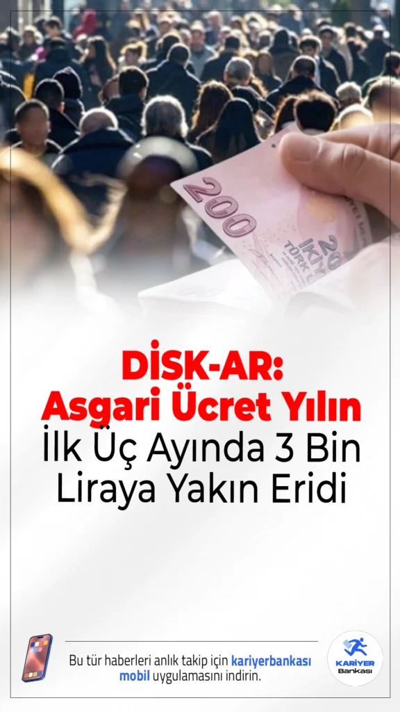 DİSK-AR: Asgari Ücret Yılın İlk Üç Ayında 3 Bin Liraya Yakın Eridi.Mart 2026 enflasyon verilerine göre asgari ücretin alım gücü 2 bin 819 TL gerilerken, emekli aylıklarında da ciddi kayıp yaşandı.