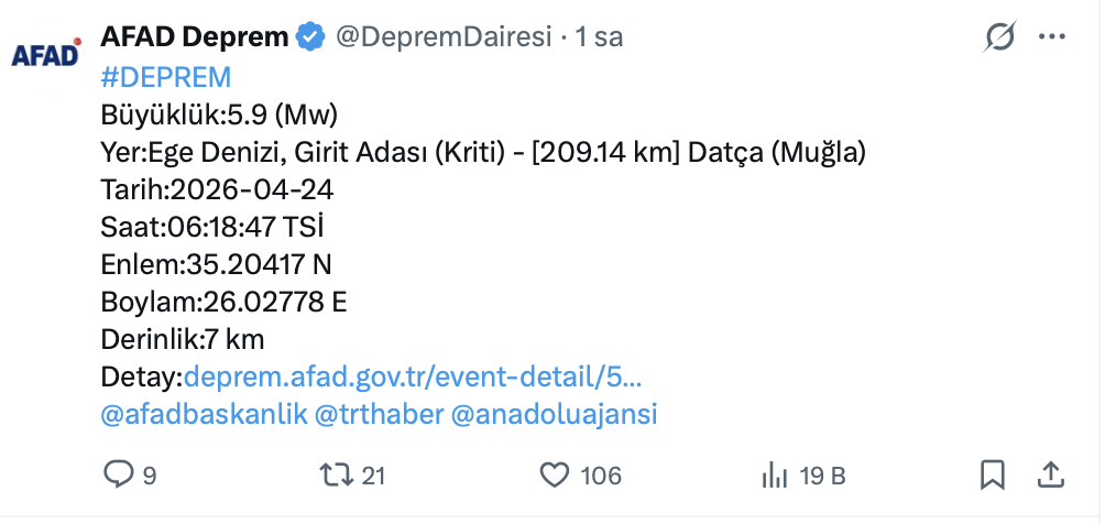 ege denizi deprem