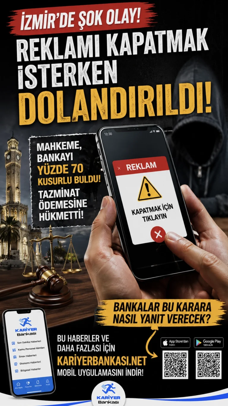 İzmir'de bir kişi, telefon ekranındaki reklamı kapatmak isterken dolandırıldı. Mahkeme, bankayı yüzde 70 kusurlu bularak tazminat ödemesine hükmetti.