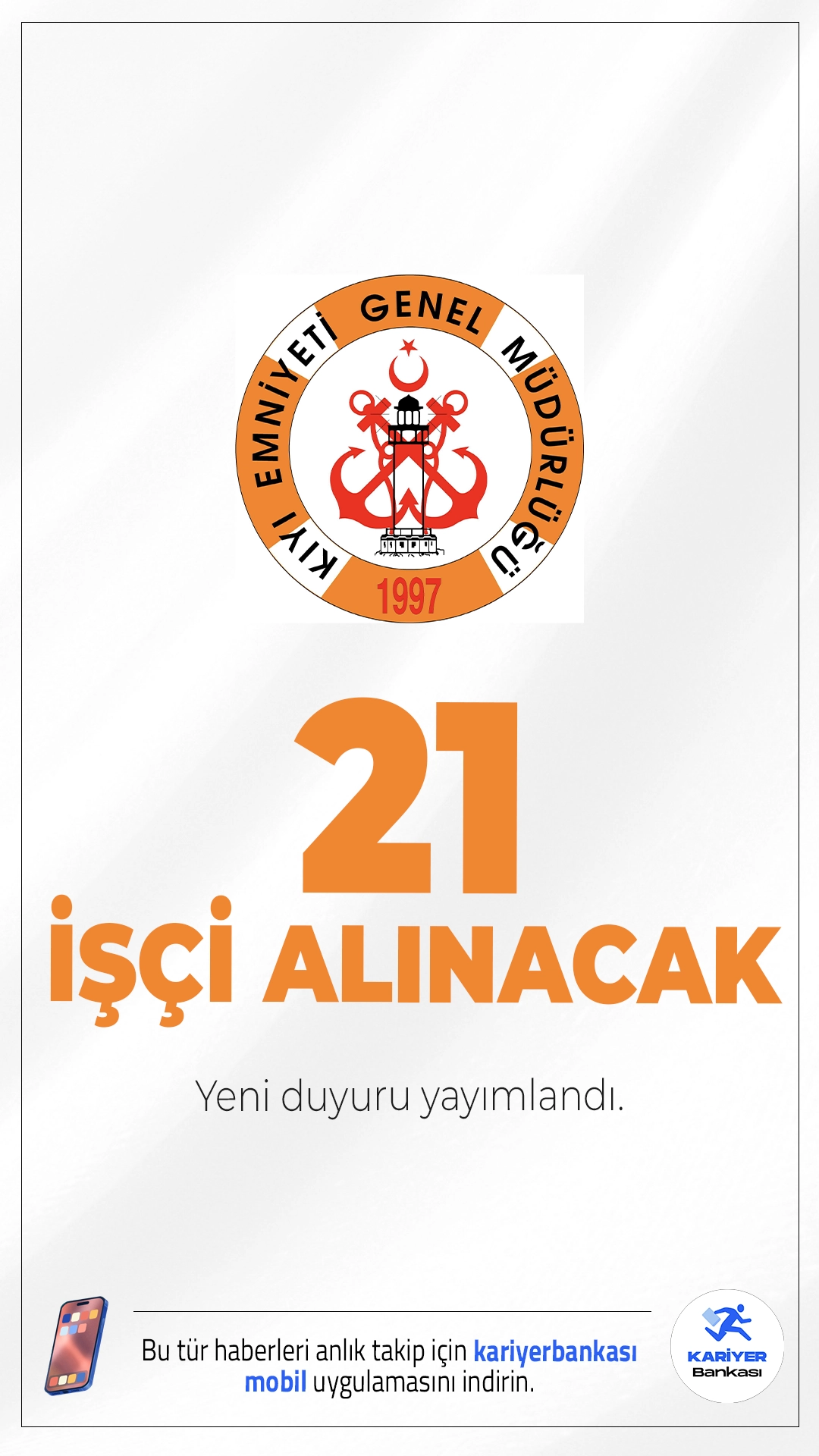 Kıyı Emniyeti 21 İşçi Alımı Yapacak.Kıyı Emniyeti Genel Müdürlüğü tarafından yayımlanan yeni ilan ile toplam 21 kişilik daimi işçi alımı yapılacağı duyuruldu. Resmi Gazete'de yayımlanan duyuruya göre başvurular yalnızca Türkiye İş Kurumu (İŞKUR) üzerinden alınacak ve farklı ünvanlarda personel istihdam edilecek.