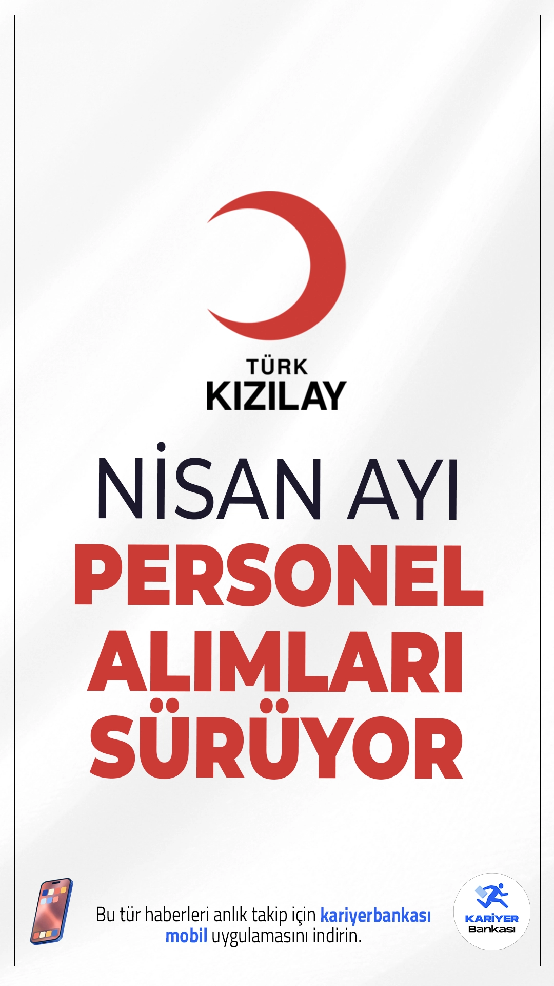 Kızılay Nisan Ayı Personel Alımları Sürüyor.Türk Kızılay, Nisan ayında farklı şehirlerde görevlendirilmek üzere yeni personel alımı ilanları yayımladı. İlanlara göre İstanbul Bakırköy, İstanbul Kartal ve İzmir için personel alımı yapılacak. Alımlar kapsamında Yaşlı Bakım Teknikeri, Aşçı Yardımcısı ve Uzman Doktor / İmmünohematoloji Laboratuvarı Birim Yöneticisi kadroları yer alıyor.