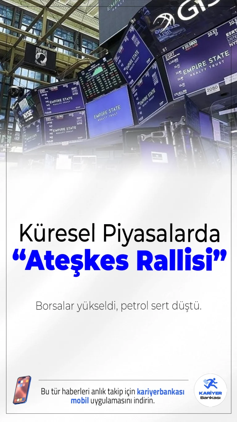 Küresel Piyasalarda “Ateşkes Rallisi”: Borsalar Yükseldi, Petrol Sert Düştü.ABD ile İran arasında sağlanan ateşkes sonrası küresel piyasalarda risk iştahı arttı, borsalar yükselirken petrol fiyatlarında sert düşüş yaşandı.