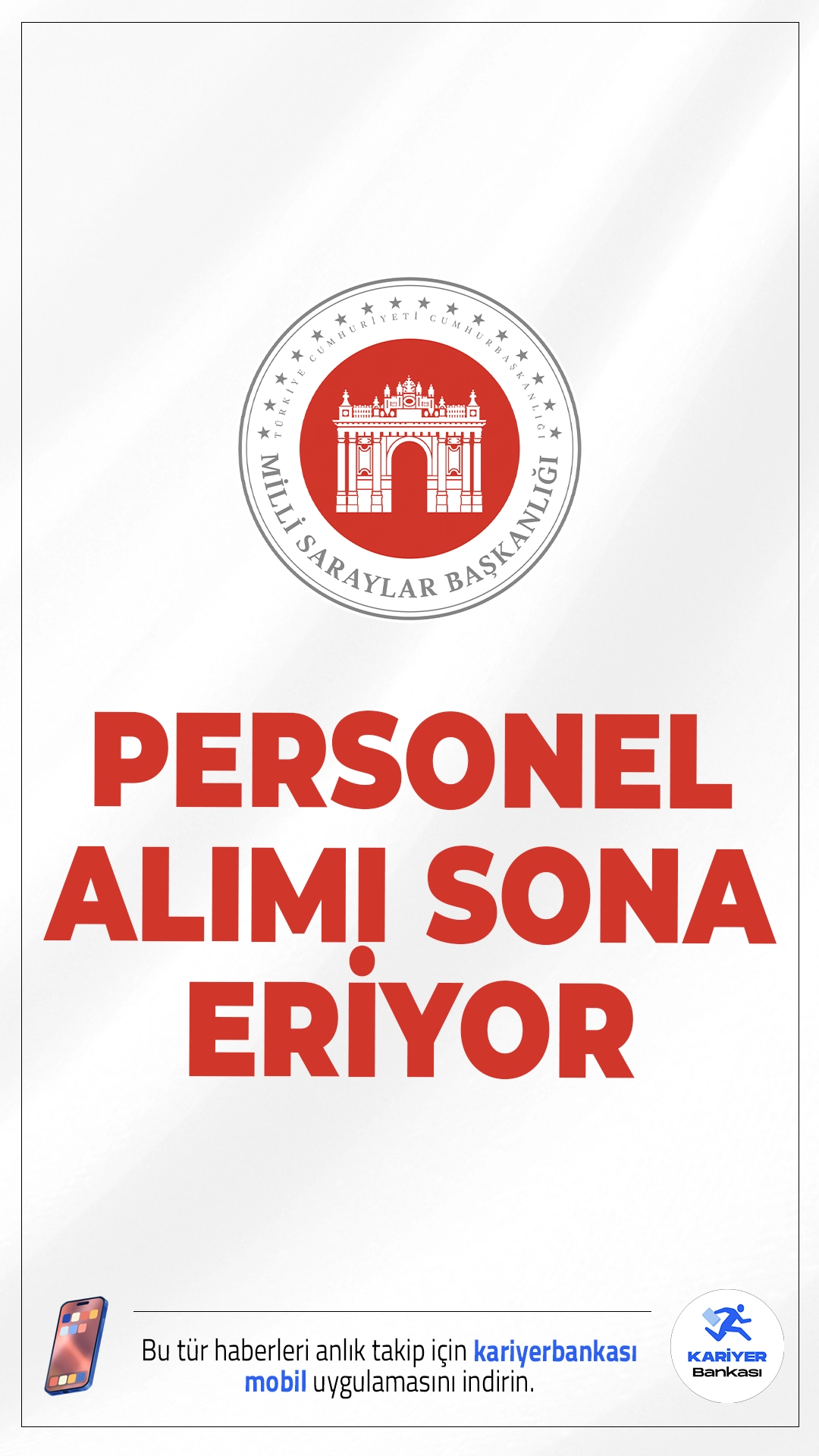Milli Saraylar 60 Personel Alımı Sona Eriyor.Milli Saraylar İdaresi Başkanlığı personel alımı başvurularında sona gelindi. İlgili alım duyurusunda, Milli Saraylara sözleşmeli personel alımı yapılacağı aktarılırken, başvuruların yarın (28 Nisan 2026) sona ereceği kaydedildi. Alımlar, 657 sayılı Devlet Memurları Kanunu’nun 4/B maddesi kapsamında gerçekleştirilecek olup farklı kadrolarda istihdam sağlanacak.Başvuru sayfası, şartlar ve kontenjanlar haberimizde.
