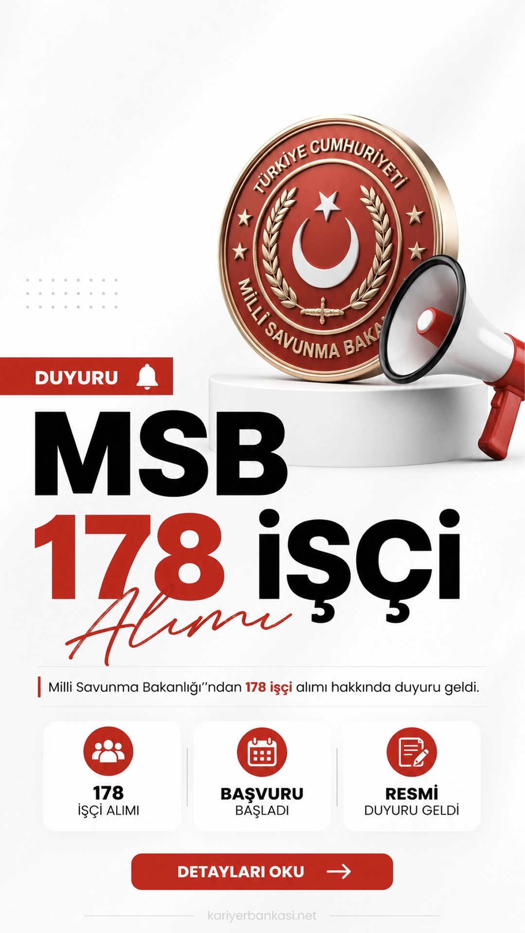 MSB 178 İşçi Alımı Hakkında Duyuru Geldi.Millî Savunma Bakanlığına bağlı iş yerlerinde istihdam edilmek üzere yapılacak 87 engelli ve 91 TMSY sürekli işçi alımı için kura süreci tamamlandı. Başvuruları İŞKUR üzerinden alınan alımda, belge kontrolüne katılmaya hak kazanacak adaylar noter kurasıyla belirlendi.