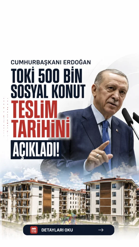 TOKİ 500 Bin Sosyal Konut Teslim Tarihi Açıklandı.Cumhurbaşkanı Recep Tayyip Erdoğan’ın duyurduğu 500 bin sosyal konut projesinde süreçte yeni aşamaya geçildi. Çevre, Şehircilik ve İklim Değişikliği Bakanlığı ile TOKİ tarafından yürütülen “Yüzyılın Konut Projesi” kapsamında 81 ilde yapılacak konutlar için kura süreci tamamlandı.