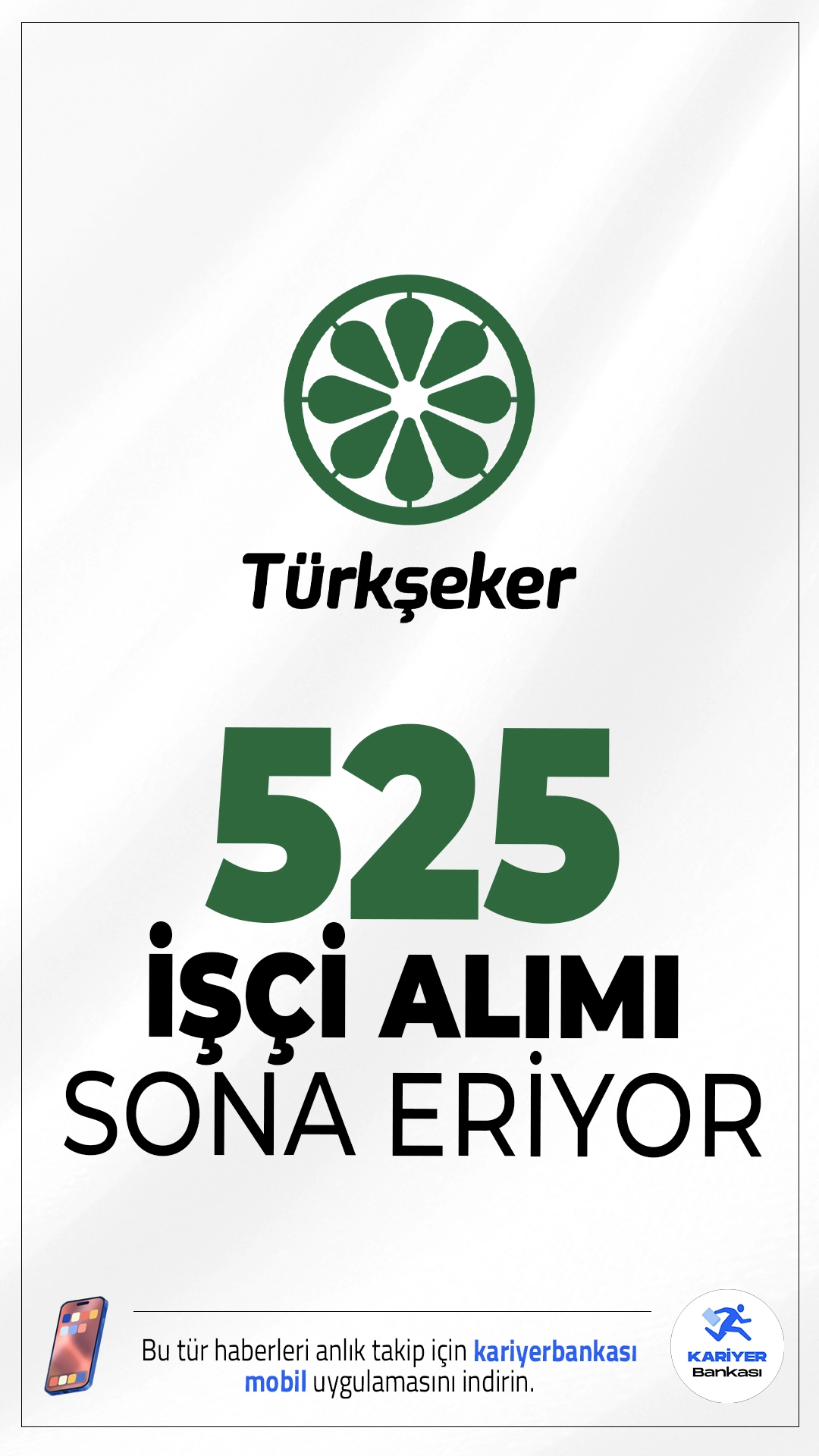 Türkşeker 525 İşçi Alımı Başvuruları Sona Eriyor.Türkiye Şeker Fabrikaları A.Ş. (Türkşeker) işçi alımı başvurularında sona gelindi.İlgili alım duyurusuna göre, Türkşeker'e 525 geçici işçi alımı yapılacak. Başvurular bugün (10 Nisan 2026) sona erecek. Alımlar Türkiye genelindeki birçok fabrikada yapılacak olup, başvurular İŞKUR üzerinden alınıyor. Başvuru sayfası ve şartlar haberimizde.