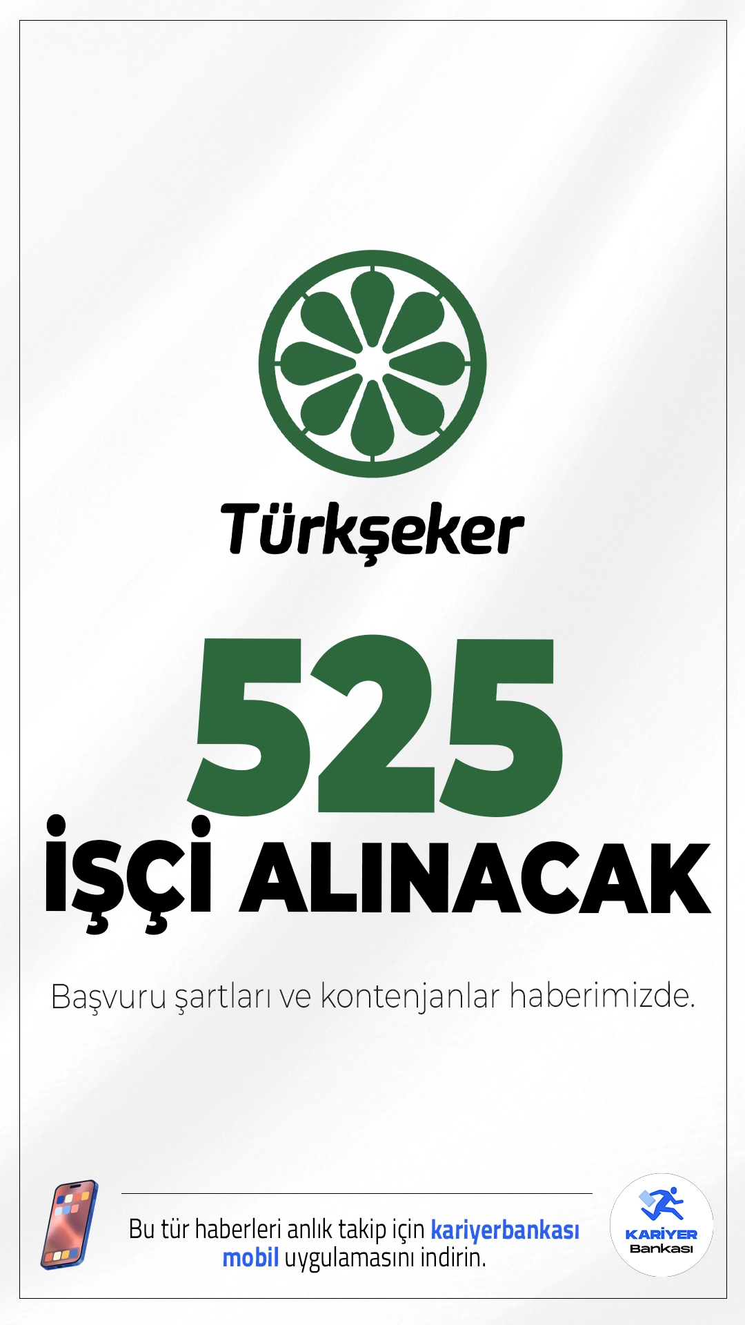 Türkşeker 525 İşçi Alımı Yapacak.Türkiye Şeker Fabrikaları A.Ş. (Türkşeker), 2026 yılı kapsamında önemli bir istihdam duyurusu yayımladı. İlgili alım duyurusuna göre Türkşeker'e çeşitli ünvanlarda toplam 525 geçici işçi alımı gerçekleştirilecek. Alımlar Türkiye genelindeki birçok fabrikada yapılacak olup, başvurular İŞKUR üzerinden alınacak.