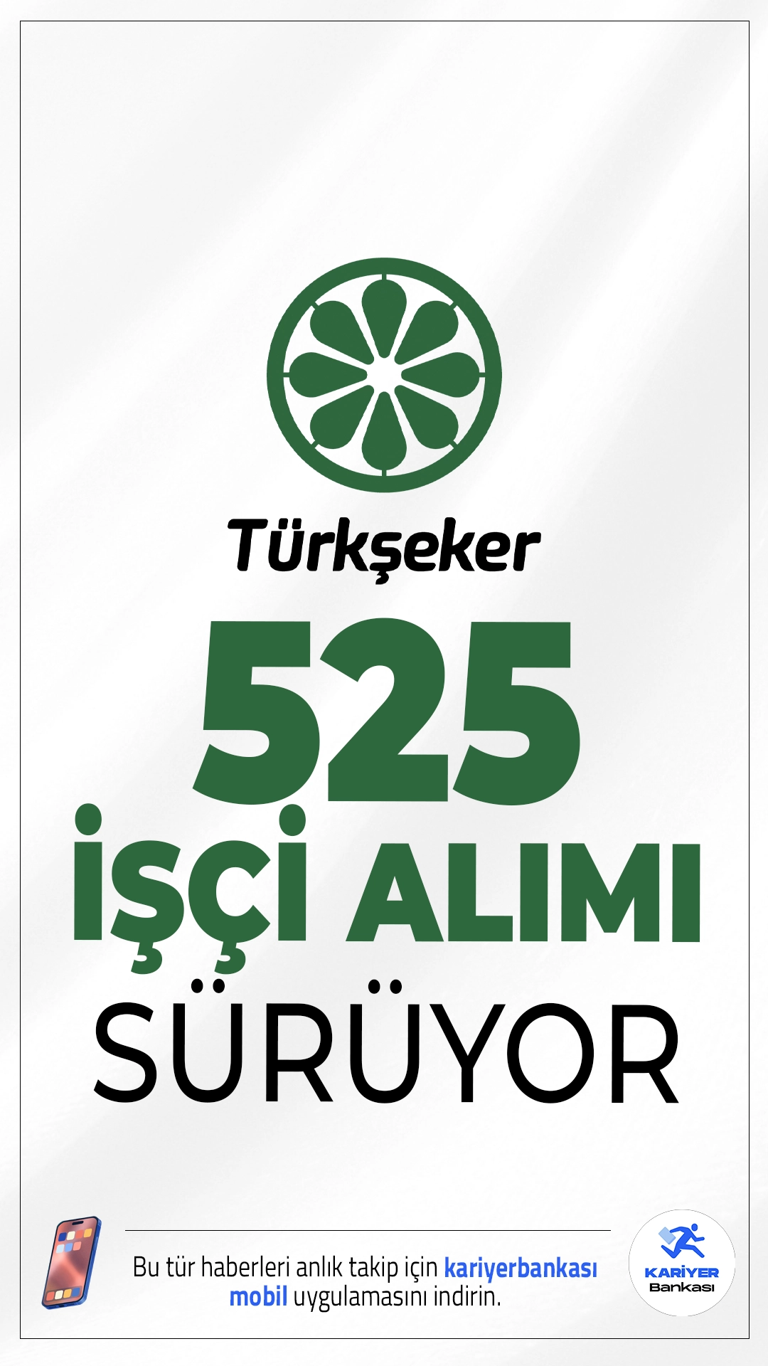 Türkşeker 525 İşçi Alımı Başvuruları Sürüyor.Türkiye Şeker Fabrikaları A.Ş. (Türkşeker) işçi alımı için başvuru işlemleri devam ediyor. İlgili alım duyurusunda, Türkşeker'e çeşitli ünvanlarda olmak üzere 525 geçici işçi alımı yapılacağı aktarılırken, başvuruların 10 Nisan'da sona ereceği kaydedildi. Alımlar Türkiye genelindeki birçok fabrikada yapılacak olup, başvurular İŞKUR üzerinden alınacak.
