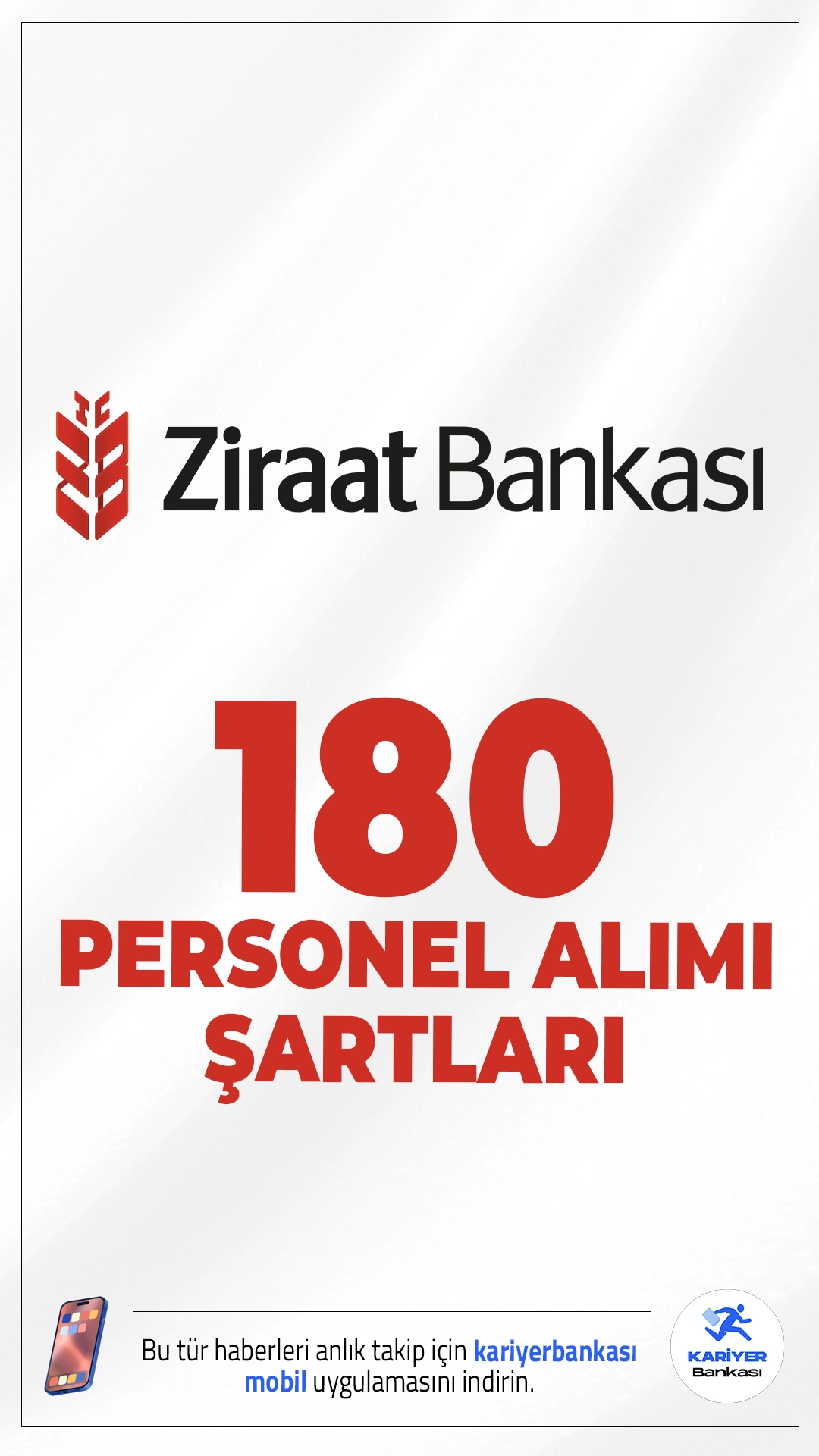 Ziraat Bankası 180 Personel Alımı Şartları.Ziraat Bankası personel alımı başvuruları sürüyor.Ziraat Bankası sayfasından yayımlanan duyurulara göre, Müfettiş Yardımcısı ve Uzman Yardımcısı ünvanlarında personel alımı yapılacak.Başvuru işlemleri 24 Nisan 2026 tarihine kadar sürecek.Başvuru yapacak adayların genel ve özel şartları taşıması dikkatle incelemesi gerekmektedir.Başvuru sayfası ve şartlar bu haberimizde.