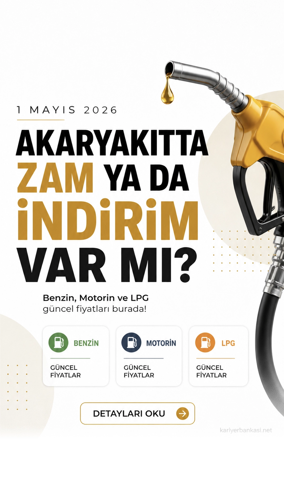 Akaryakıtta Zam ya da İndirim Var mı? 1 Mayıs Güncel Benzin, Motorin ve LPG Fiyatları.Akaryakıtta bugün yeni zam ya da indirim yok; İstanbul, Ankara ve İzmir’de benzin, motorin ve LPG fiyatları belli oldu.