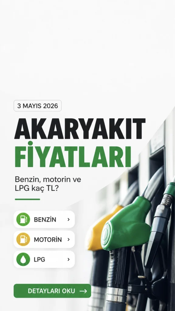3 Mayıs 2026 Akaryakıt Fiyatları: Benzin, Motorin ve LPG Kaç TL?Brent petrol fiyatları, döviz kurundaki hareketlilik ve vergi düzenlemeleri akaryakıt fiyatlarını doğrudan etkilemeye devam ediyor. Bu nedenle araç sahipleri her gün “Benzin ne kadar?”, “Motorin kaç TL?”, “LPG fiyatı bugün ne kadar?” sorularına yanıt arıyor.