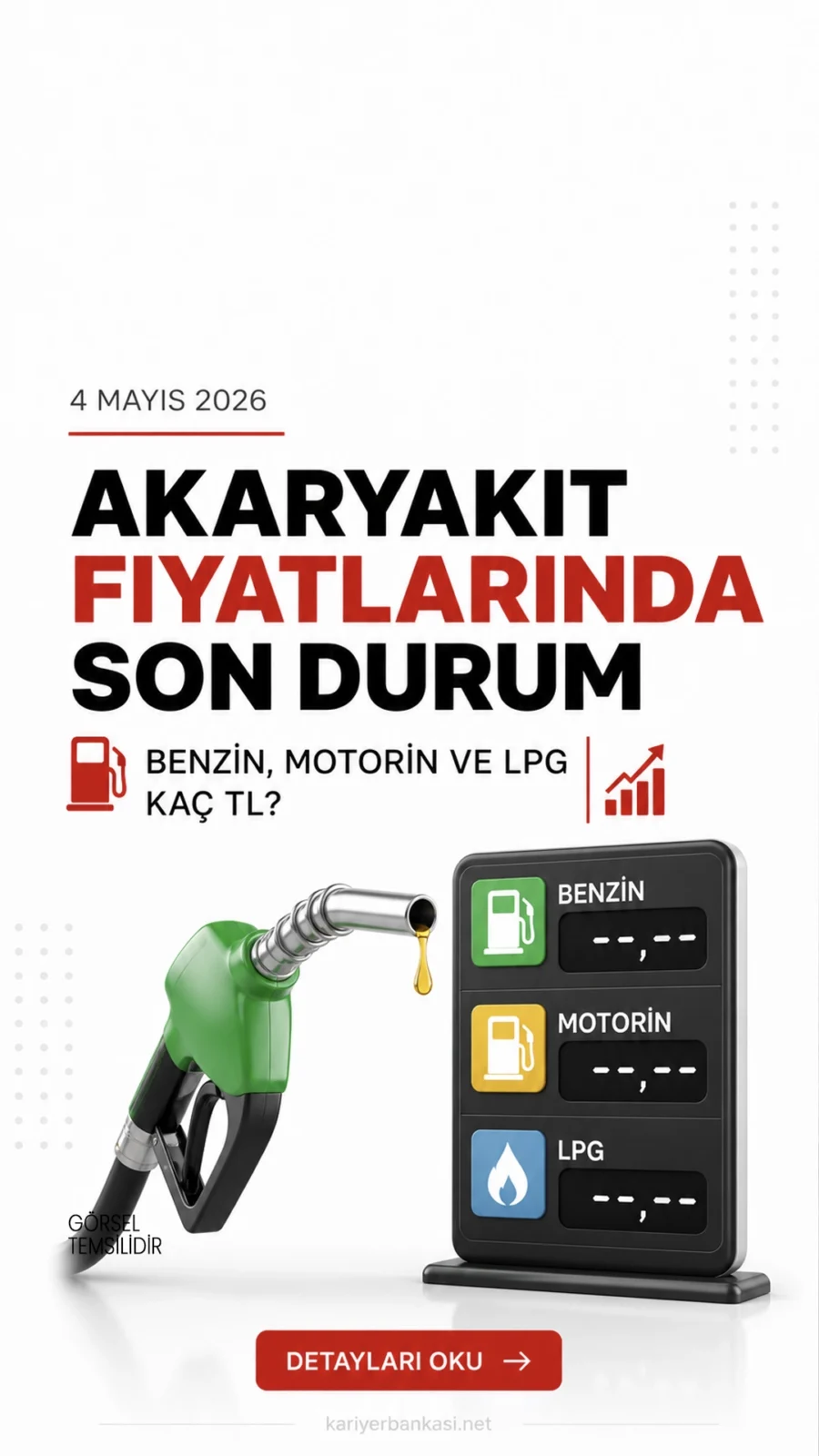 4 Mayıs 2026 Akaryakıt Fiyatları: Benzin, Motorin ve LPG Kaç TL?Brent petrol fiyatlarında yaşanan hareketlilik, döviz kurundaki dalgalanmalar ve vergi artışları, akaryakıt fiyatlarını doğrudan etkilemeye devam ediyor. Araç sahipleri ise “Benzin ne kadar oldu?”, “Motorin litre fiyatı kaç TL?”, “LPG fiyatı bugün ne kadar?” sorularına yanıt arıyor.