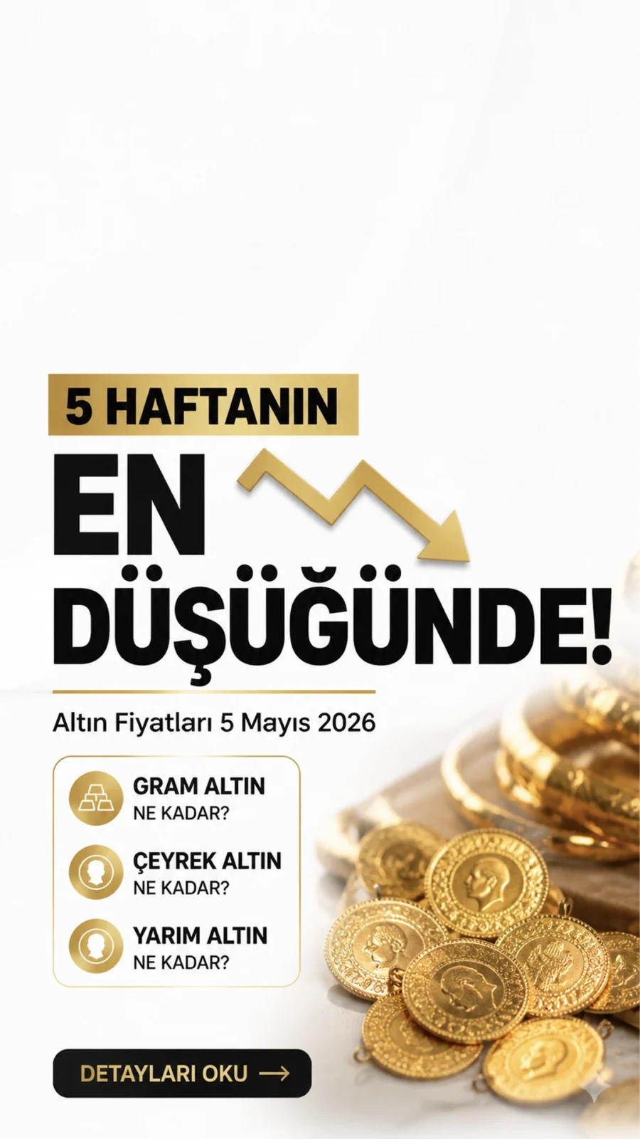 Altın Fiyatları 5 Haftanın En Düşüğünde: 5 Mayıs 2026 Gram, Çeyrek ve Yarım Altın Ne Kadar?Altın fiyatları 5 Mayıs 2026 Salı günü yatırımcıların gündeminde. Gram, çeyrek ve yarım altında güncel satış rakamları açıklandı.
