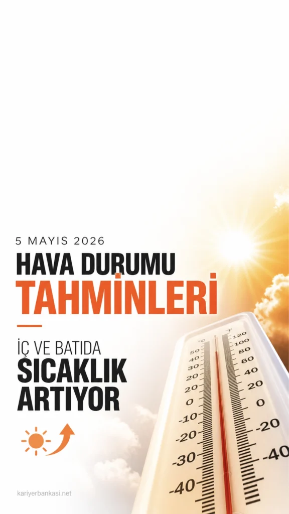 Meteoroloji 5 Mayıs 2026 Hava Durumu Tahminlerini Açıkladı: İç ve Batıda Sıcaklık Artıyor.5 Mayıs 2026 hava durumu tahminlerine göre iç ve batı kesimlerde sıcaklıklar 4 ila 6 derece artacak.