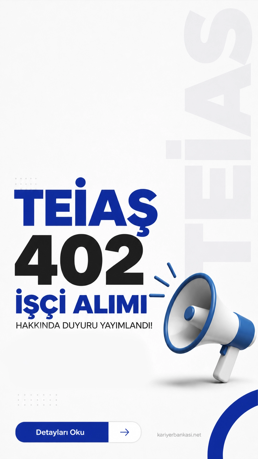 TEİAŞ 402 İşçi Alımı Hakkında Duyuru Yayımlandı.TEİAŞ iş yerlerinde 4857 sayılı İş Kanunu’na tabi sürekli işçi statüsünde istihdam edilmek üzere yapılacak 402 işçi personel alımı için yeni duyuru yayımlandı.
