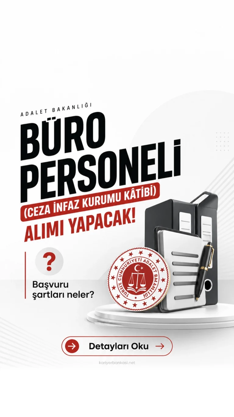Adalet Bakanlığı Büro Personeli (Ceza İnfaz Kurumu Kâtibi) Alımı Şartları 2026.Adalet Bakanlığı büro personeli alımı için başvuru şartları, KPSS detayı ve klavye sınavı kriterleri netleşiyor.