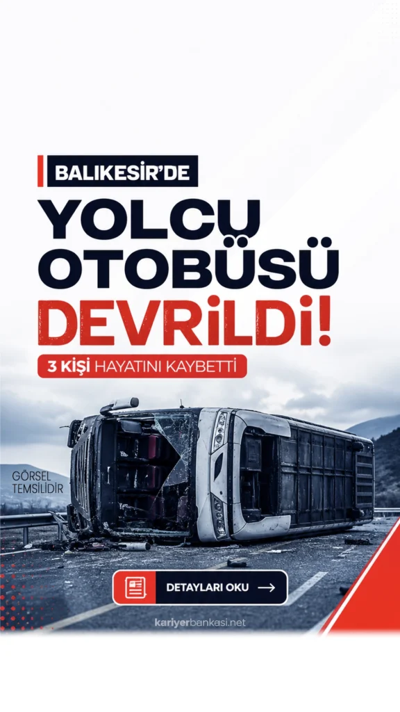 Balıkesir’de Yolcu Otobüsü Devrildi: 3 Kişi Hayatını Kaybetti.Balıkesir’in Bandırma ilçesinde yolcu otobüsünün devrilmesi sonucu 3 kişi yaşamını yitirdi, çok sayıda kişi yaralandı.
