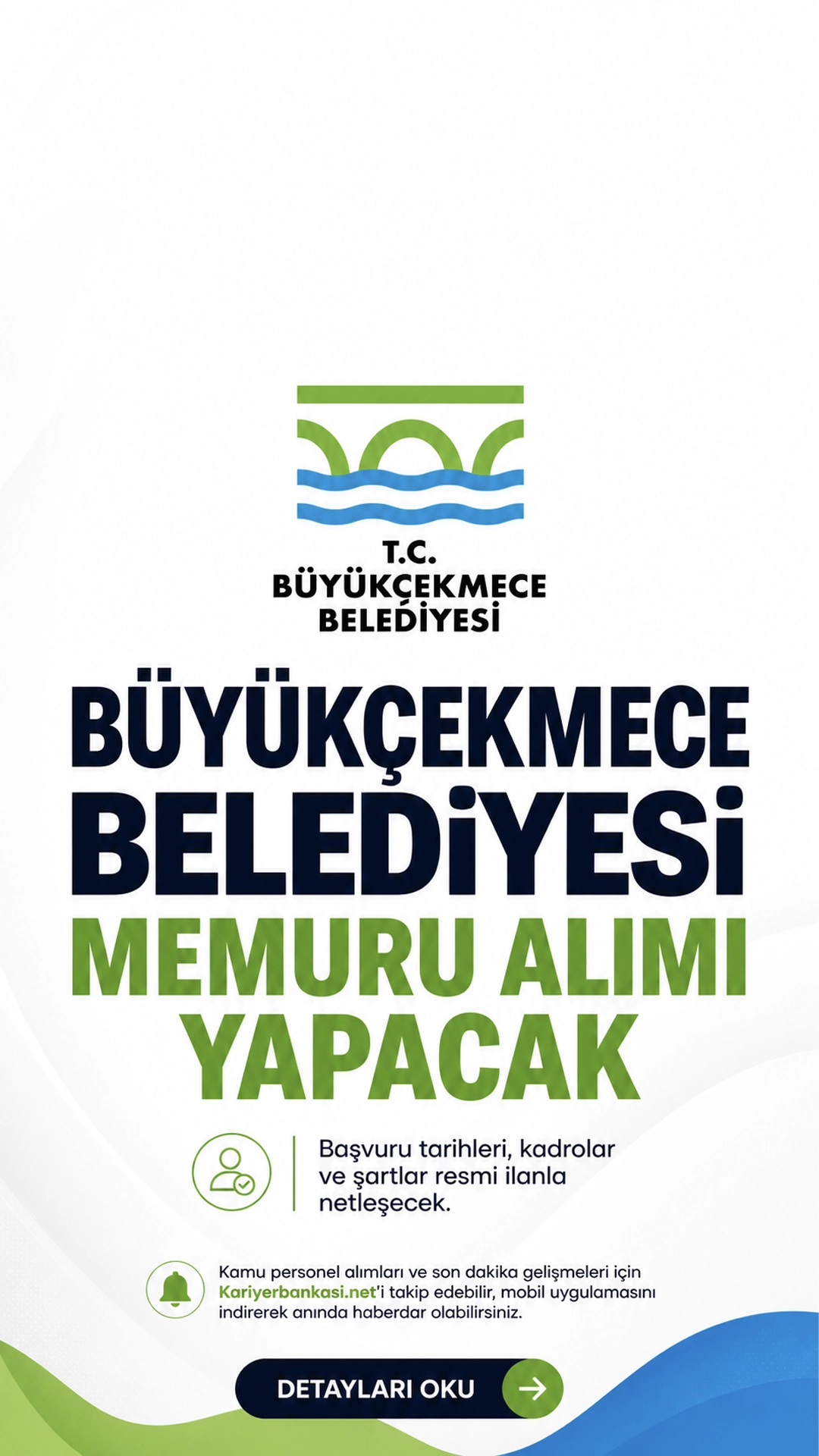 Büyükçekmece Belediyesi 6 Memur Alımı Yapacak.İstanbul Büyükçekmece Belediye Başkanlığı, 657 sayılı Devlet Memurları Kanunu’na tabi olarak istihdam edilmek üzere 6 zabıta memuru alımı yapacağını duyurdu. Alımlar, Belediye Zabıta Yönetmeliği hükümlerine göre açıktan atama yoluyla gerçekleştirilecek. Kadrolar GİH sınıfında 10. derece olarak ilan edildi.