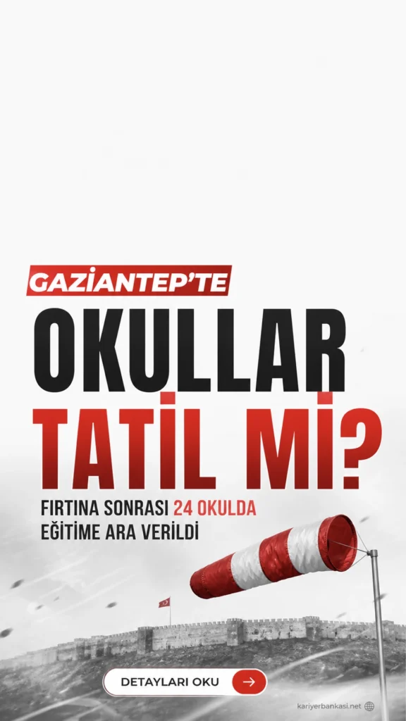 Gaziantep’te Okullar Tatil mi? Fırtına Sonrası 24 Okulda Eğitime Ara Verildi.Gaziantep’te okullar tatil mi sorusu yanıt buldu. Fırtına nedeniyle 24 okulda eğitim geçici olarak durduruldu.