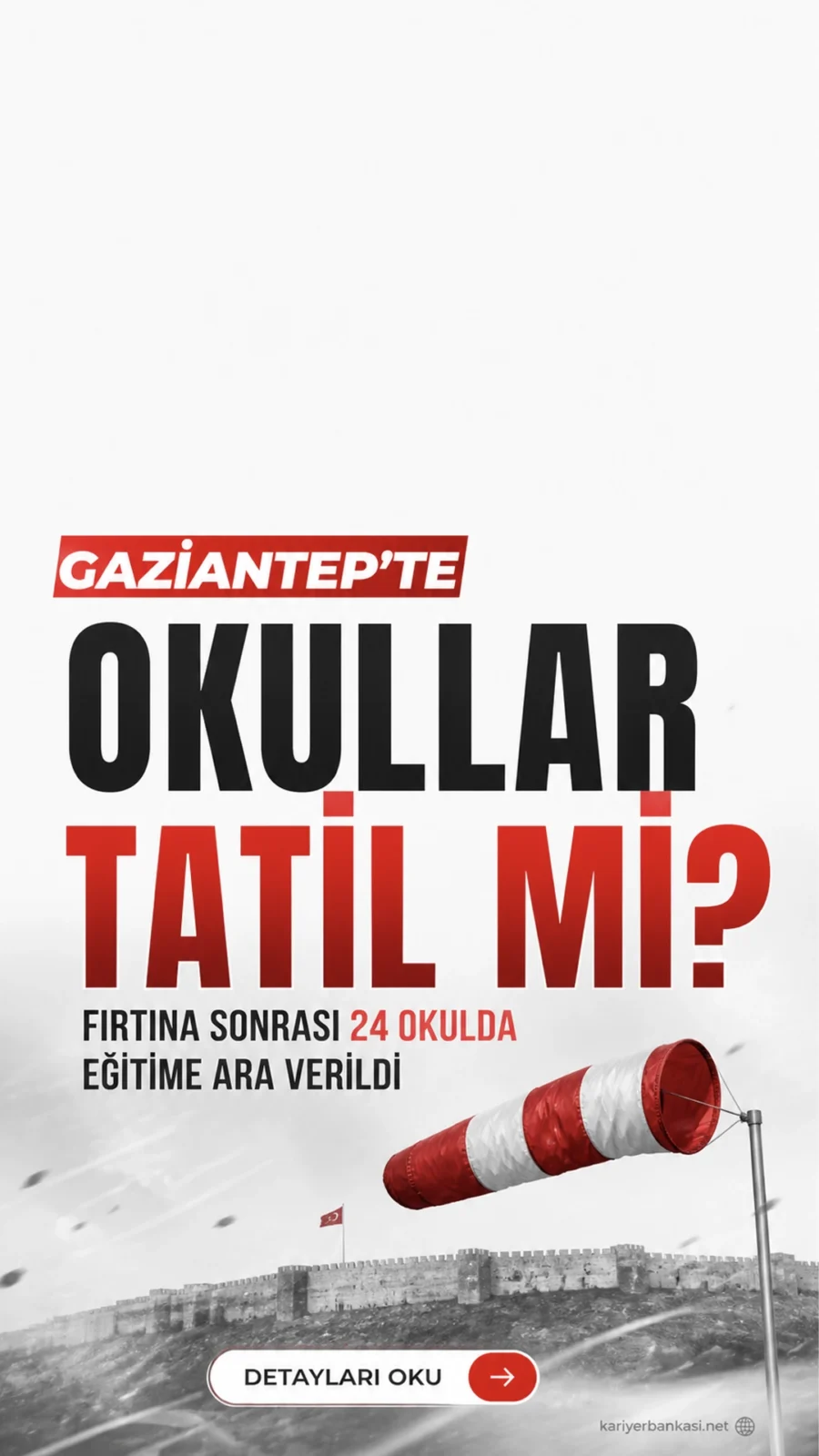 Gaziantep’te Okullar Tatil mi? Fırtına Sonrası 24 Okulda Eğitime Ara Verildi.Gaziantep’te okullar tatil mi sorusu yanıt buldu. Fırtına nedeniyle 24 okulda eğitim geçici olarak durduruldu.