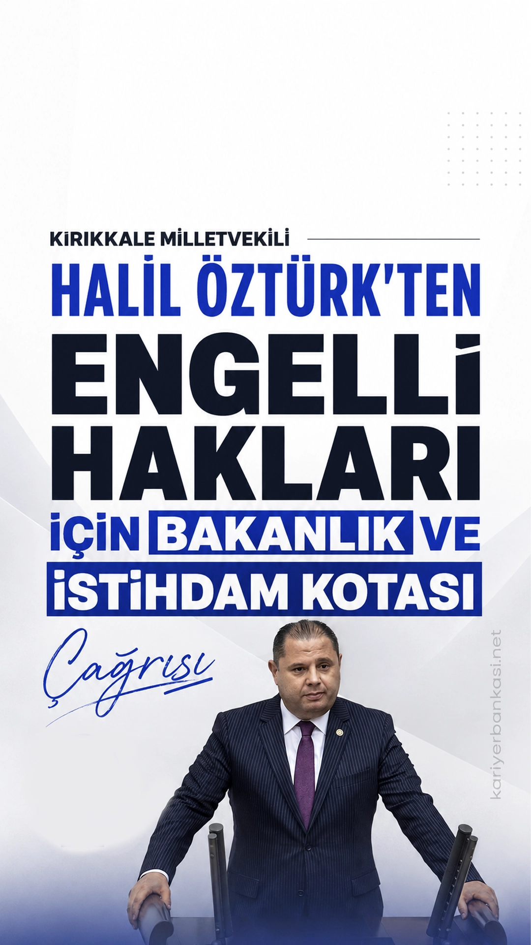 Engelli Hakları İçin Bakanlık ve İstihdam Kotası Çağrısı.Türkiye Büyük Millet Meclisi’nde engelli bireylerin hakları gündeme taşındı. MHP Grubu adına konuşan Kırıkkale Milletvekili Halil Öztürk, engelli vatandaşların sosyal hayata ve çalışma hayatına daha güçlü şekilde katılabilmesi için yeni adımlar atılması gerektiğini belirtti.