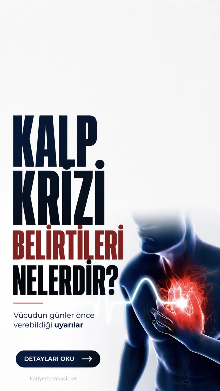 Kalp Krizi Belirtileri Nelerdir? Vücudun Günler Önce Verebildiği Uyarılar.Kalp krizi belirtileri bazen göğüs ağrısı dışında nefes darlığı, terleme, çene ağrısı ve yorgunlukla da ortaya çıkabilir.