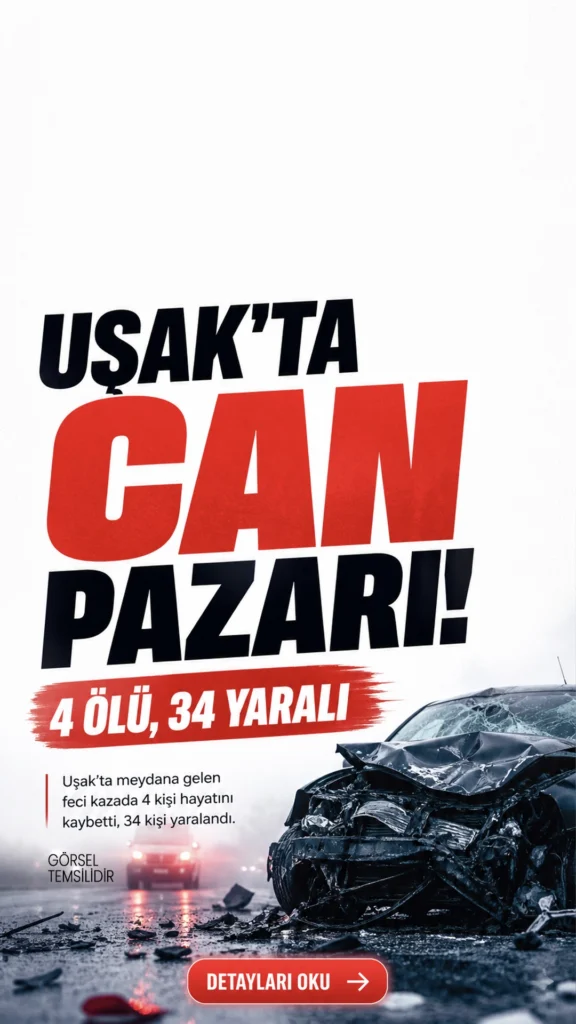 Uşak’ta Zincirleme Trafik Kazası: 4 Ölü, 34 Yaralı.Uşak’ta meydana gelen zincirleme trafik kazasında 4 kişi hayatını kaybetti, 34 kişi yaralandı. Kaza, Uşak-İzmir kara yolu Ürünköy mevkiinde yaşandı. Edinilen bilgilere göre, bir yolcu otobüsü ile birlikte toplam 7 araç kazaya karıştı.