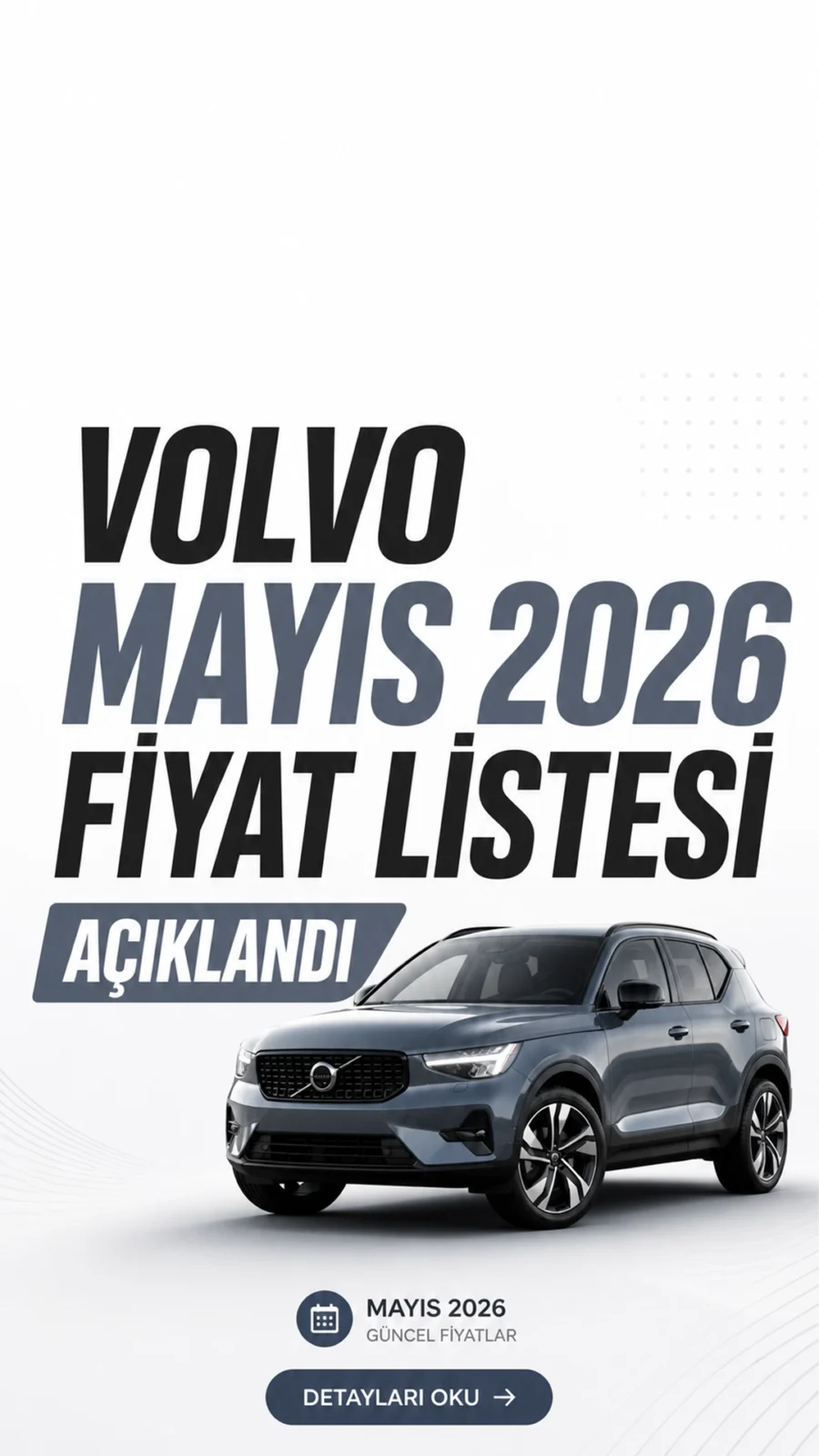Volvo Mayıs 2026 Fiyat Listesi Açıklandı.Volvo, Mayıs 2026 güncel sıfır araç fiyat listesini yayımladı. Yeni listeyle birlikte markanın elektrikli, benzinli, mild hybrid ve plug-in hybrid modellerinde güncel fiyatlar belli oldu. Açıklanan fiyatlara göre en ucuz Volvo modeli 2.441.758 TL seviyesine çıkarken, en pahalı modellerde fiyatlar 12 milyon TL’nin üzerine ulaştı.