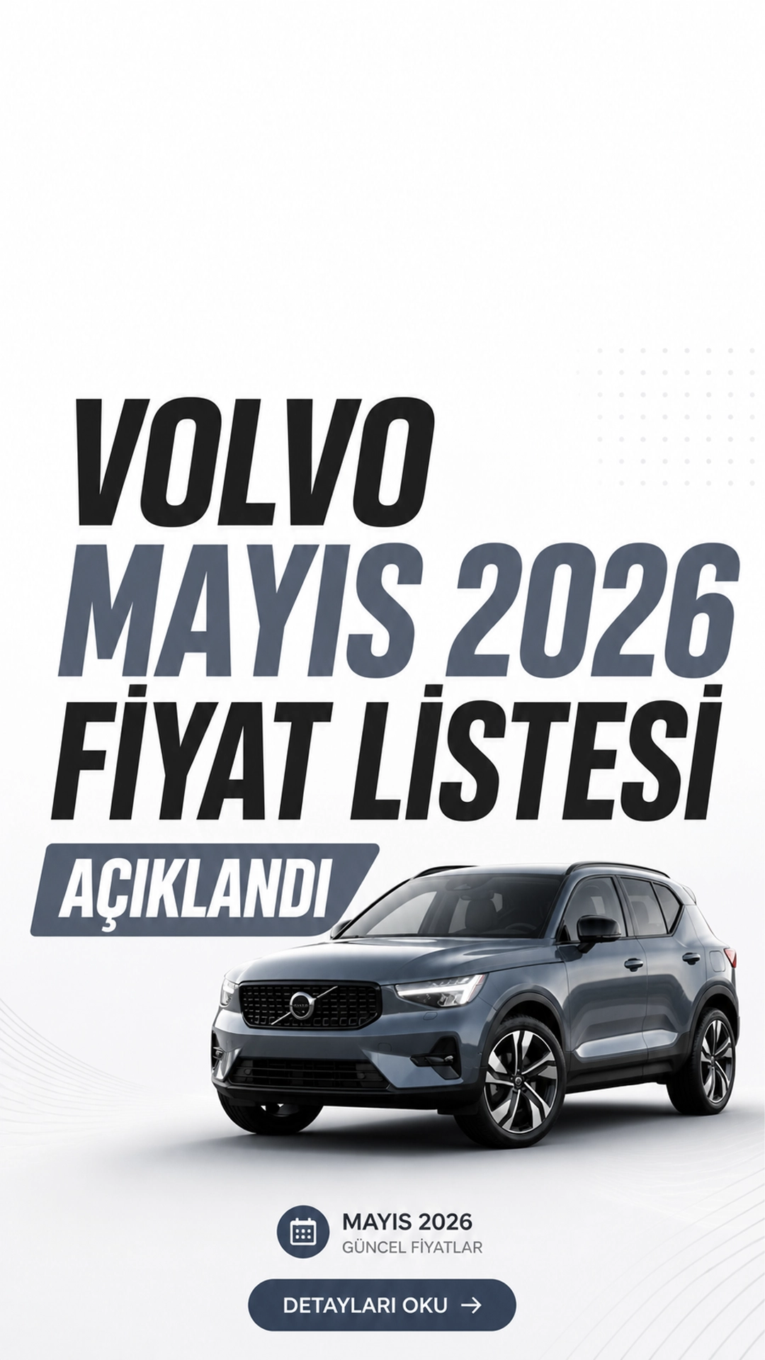 Volvo Mayıs 2026 Fiyat Listesi Açıklandı.Volvo, Mayıs 2026 güncel sıfır araç fiyat listesini yayımladı. Yeni listeyle birlikte markanın elektrikli, benzinli, mild hybrid ve plug-in hybrid modellerinde güncel fiyatlar belli oldu. Açıklanan fiyatlara göre en ucuz Volvo modeli 2.441.758 TL seviyesine çıkarken, en pahalı modellerde fiyatlar 12 milyon TL’nin üzerine ulaştı.