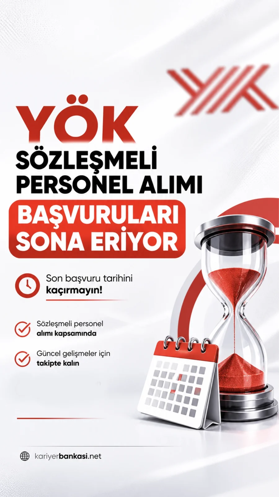 YÖK 35 Personel Alımı Başvuruları Sona Eriyor.Yükseköğretim Kurulu Başkanlığı (YÖK) personel alımı başvurularında son güne girildi. İlgili alım duyurusuna göre, YÖK'e koruma ve güvenlik görevlisi, büro personeli, destek personeli( şoför, temizlik, mutfak vb.) teknisyen ver avukat ünvanlarında olmak üzere sözleşmeli personel alımı yapılacak. Başvuru işlemleri bugün (4 Mayıs 2026) sona eriyor.Başvuru sayfası, şartlar ve kontenjanlar haberimizde.